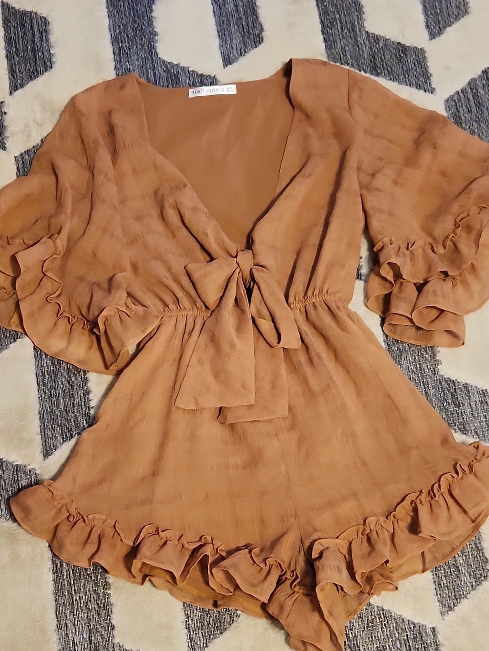 Ruffle Tie-Front Romper in Rust Brown